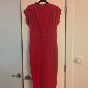 Draped Mock Neck Midi Sheath Dress | Lipstick Red | M